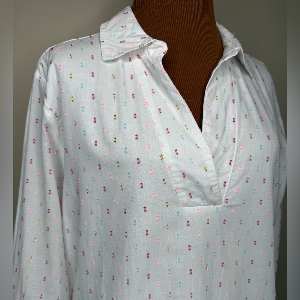 Linda Anderson White Multi Dot Pullover Long Sleeve Blouse Size Large